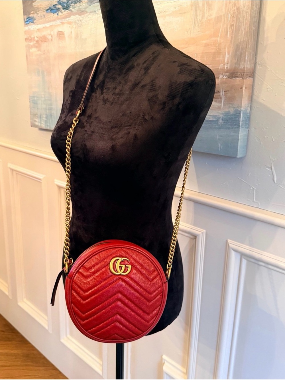 Gucci Red Chevron GG Marmont Round Crossbody Bag